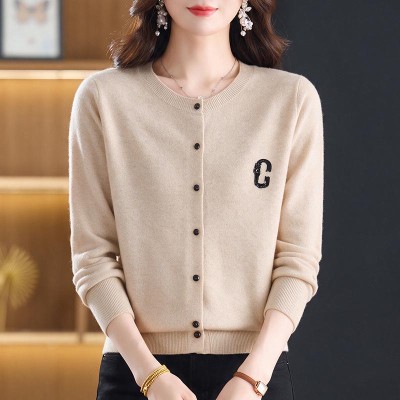 Women's Pure Wool Knitted Cardigan: Round Neck, Slimming, Autumn/Winter Loose Fit Sweater