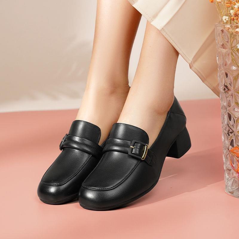 Leather soft-soled Loafu women's shoes spring and autumn new small leather shoes thick heel one pedal women's medium heel single shoes