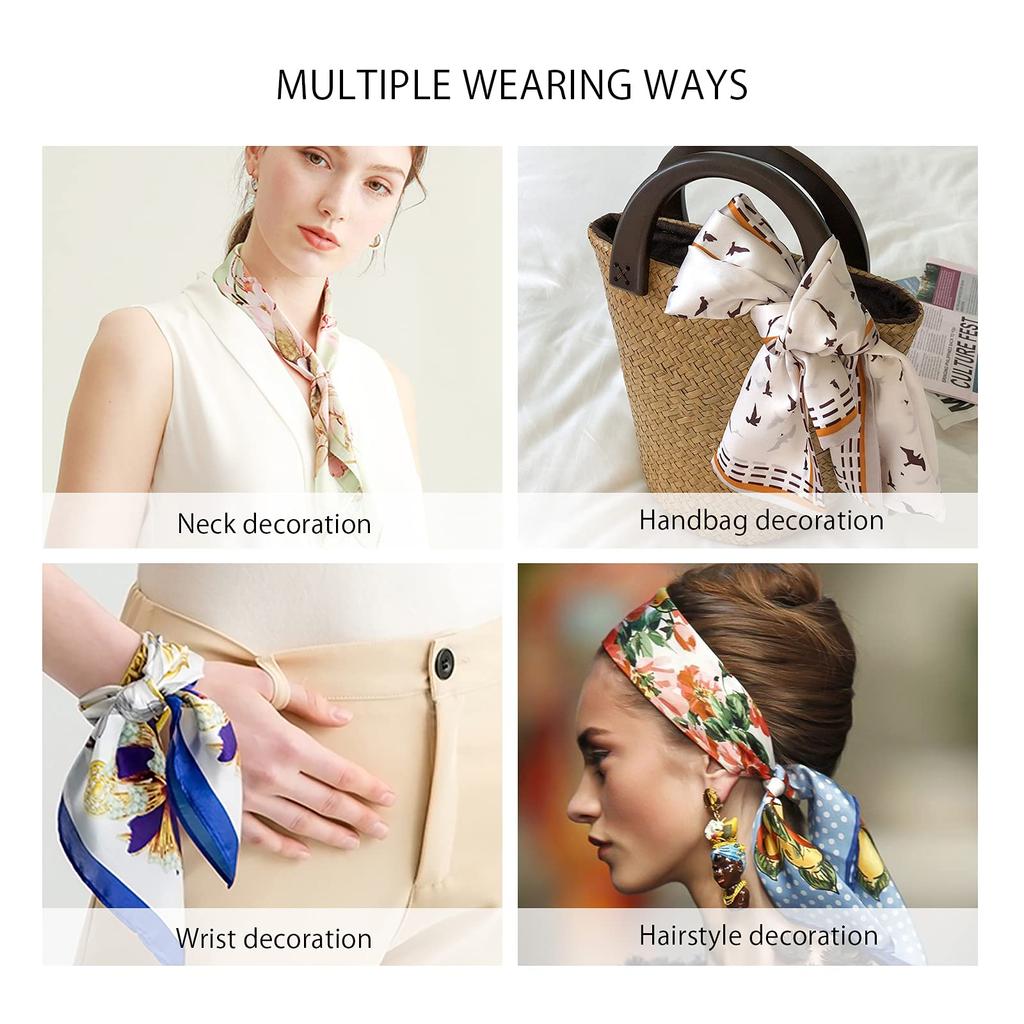 LumiSyne Skinny Silk Scarf with Floral and Pictorial Lightweight Satin Hair Bag Neck Silk Scarf for Commuting Women's Prints, Scarf, Accessory,