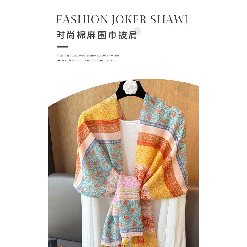Rainbow Ethnic Style Cotton Linen Scarf For Women Elegant Office Air Condition Shawl