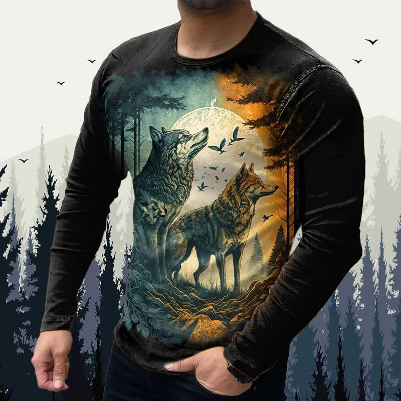 Men's casual long sleeved O-neck T-shirt with animal wolf print