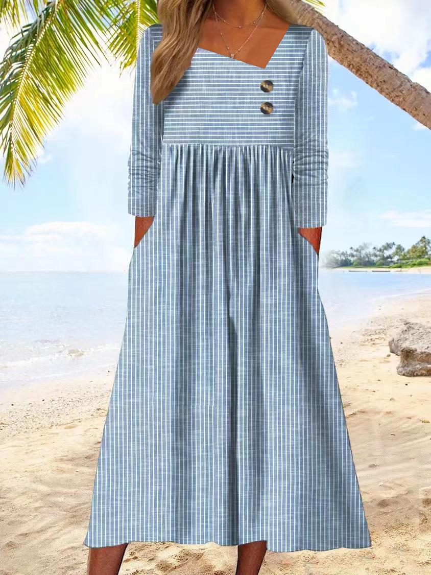 

2023 Autumn Casual Loose Striped Long Sleeve Dress Medium небо синє кольору