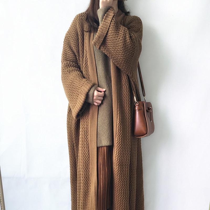 

Женские осенне-зимние длинные трикотажные пальто с длинным рукавом, повседневные свободные женские трикотажные изделия, мешковатые свитера One size коричневый