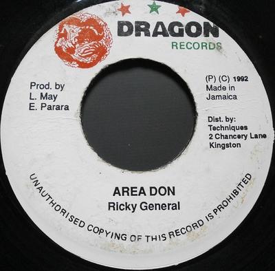 7inch Record RICKY GENERAL  Area Don NONE Dragon Records 1992 Jamaica Reggae Ska  Dub Used