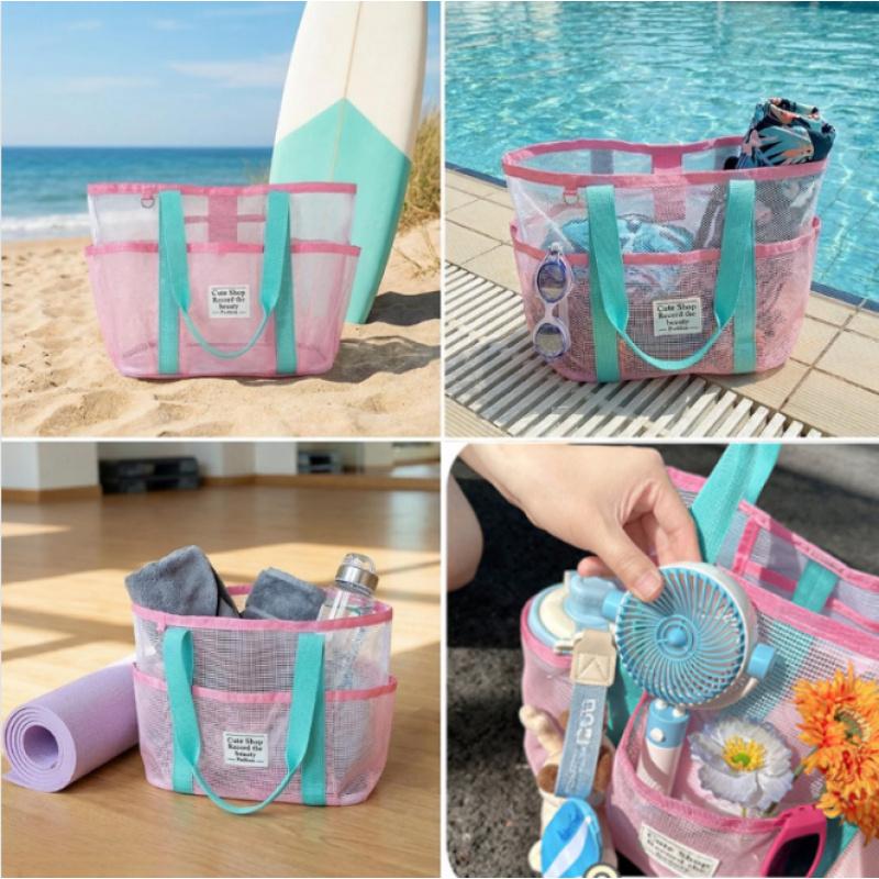Pink Swimming Bag Large Capacity Vacation Beach Bag Portable Tote Mesh Sport Storage Bag Breathable Travel Toiletry Shower Bag