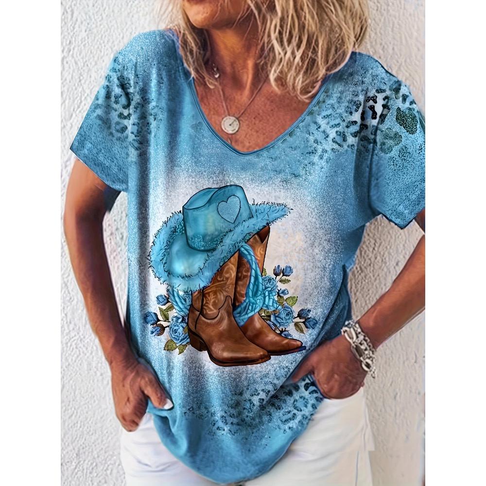 T-shirt da Donna Estiva Stivali da Cowboy Occidentali Con Stampa Floreale Moda Retrò Casual Oversize Scollo a V Abbigliamento Donna