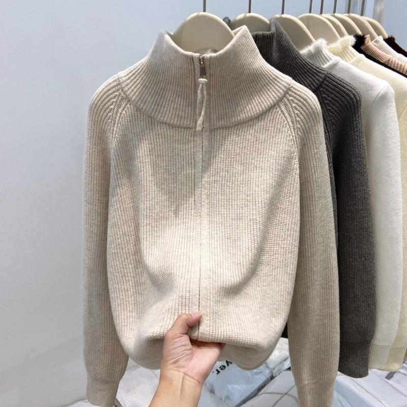 Turtleneck Double Zipper Lazy Wind Sweater Jacket Women's Spring Thickened Loose Top with Shoulder Sleeves Knitted Cardigan