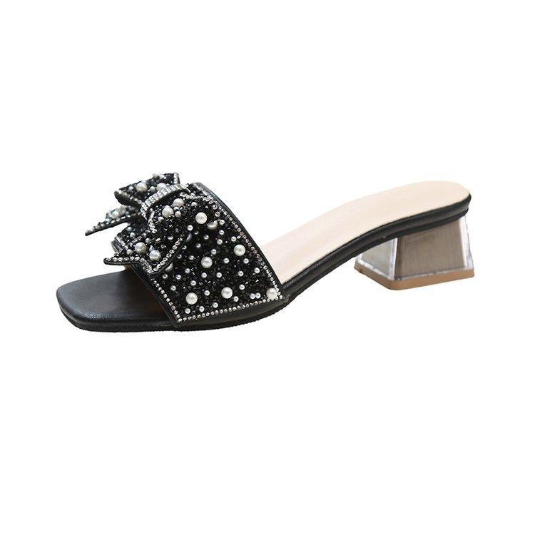 2025 new Internet celebrity thick heel cool slippers women wear summer fairy style fashion bow rhinestone slippers