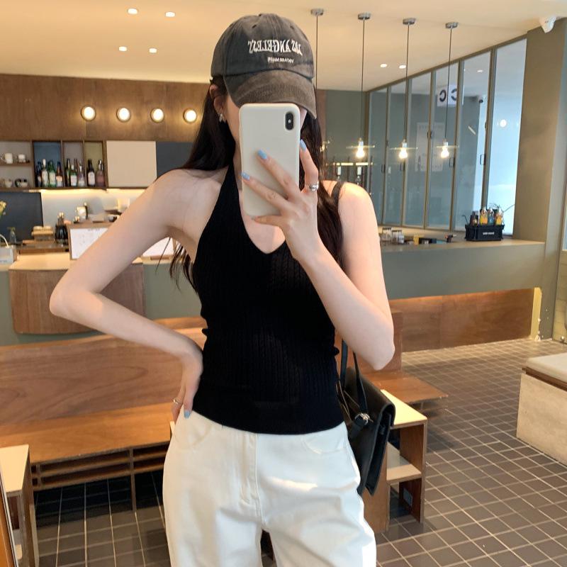 Spicy V-Neck Halter Knit Camisole: Spring/Summer Slim Fit Backless Top for Women Small чёрный