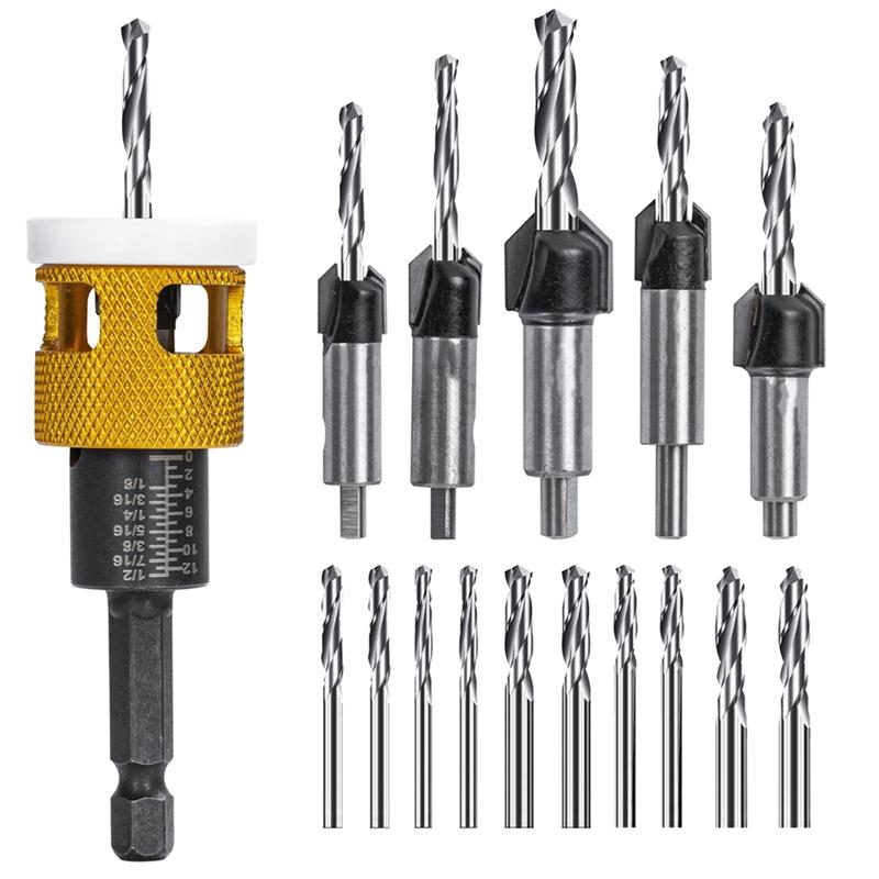 

ABUL-5Pcs Countersink Drill Bits Set With Low Friction Depth Stop, With 10Pcs Replacement HSS Drill Bit,Adjustable Depth Stop