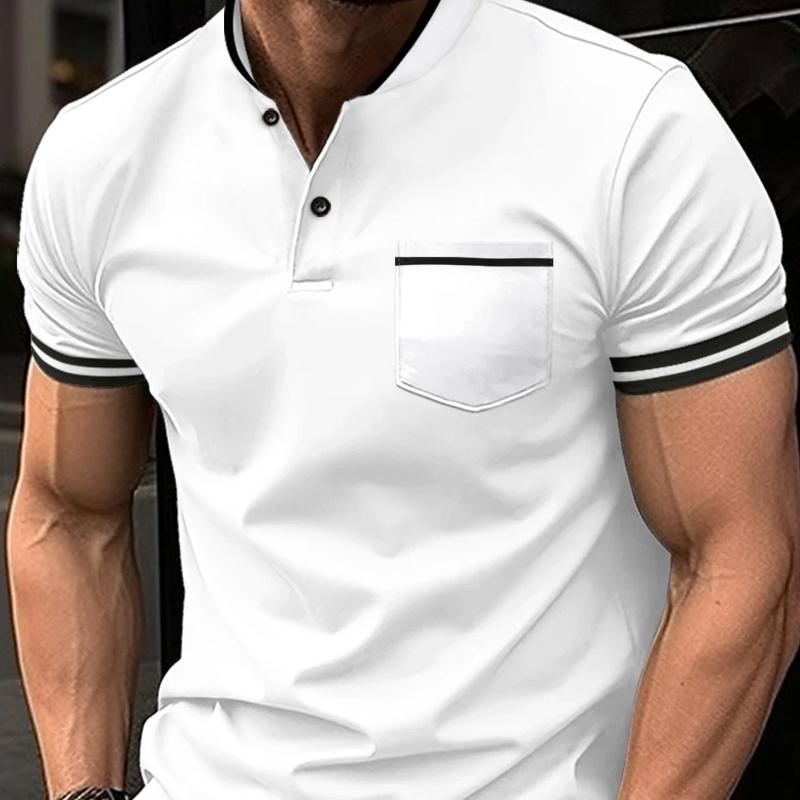 Men's Spring New Solid Color Stand Collar Pocket Casual Versatile Short Sleeve Top