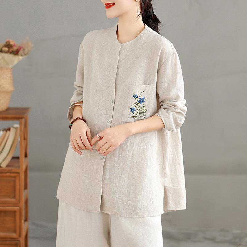 Rain Dew Hemp Embroidered Cotton Linen Long Sleeve Women's Casual Shirt - Chinese Style Artistic Top