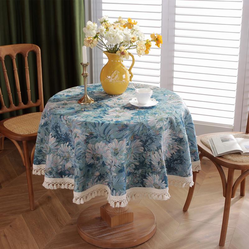 Vintage Polyester Cotton Color Woven Jacquard Oil Painting Blue Daisy Cross Fringed Tablecloth Round Coffee Table Tablecloth Dining Table Cloth