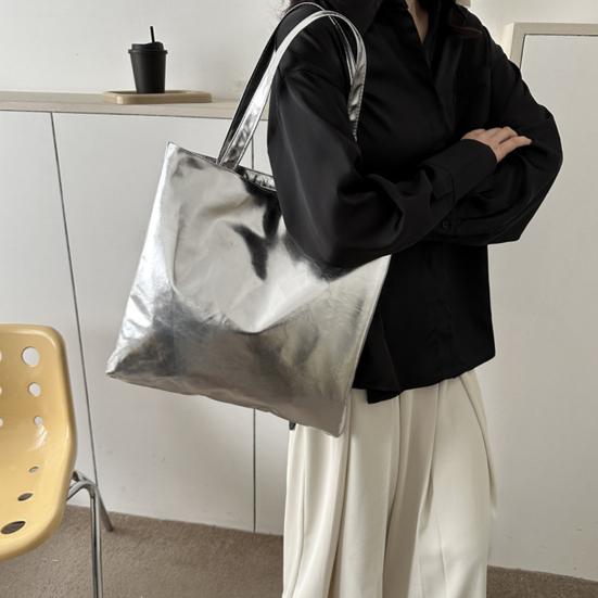 Glossy Tote Bag Women Shiny Solid Color Shoulder Bag High Capacity Faux Leather Handbag for Date Street Party Shopping