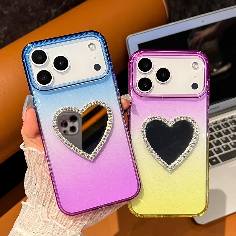 Luxury Gradient Color Collision Glitter Heart-Shaped Mirror Bumper Phone Case For iPhone 17 Pro Max 17 Air Shockproof Back Cover