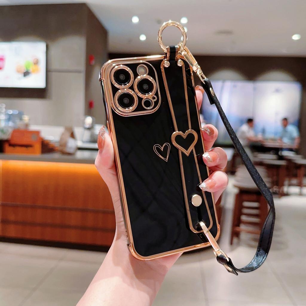 Electroplated Love Heart for IPhone16 Promax Wristband Holder for Apple 15 Simple Protective Case with Lanyard
