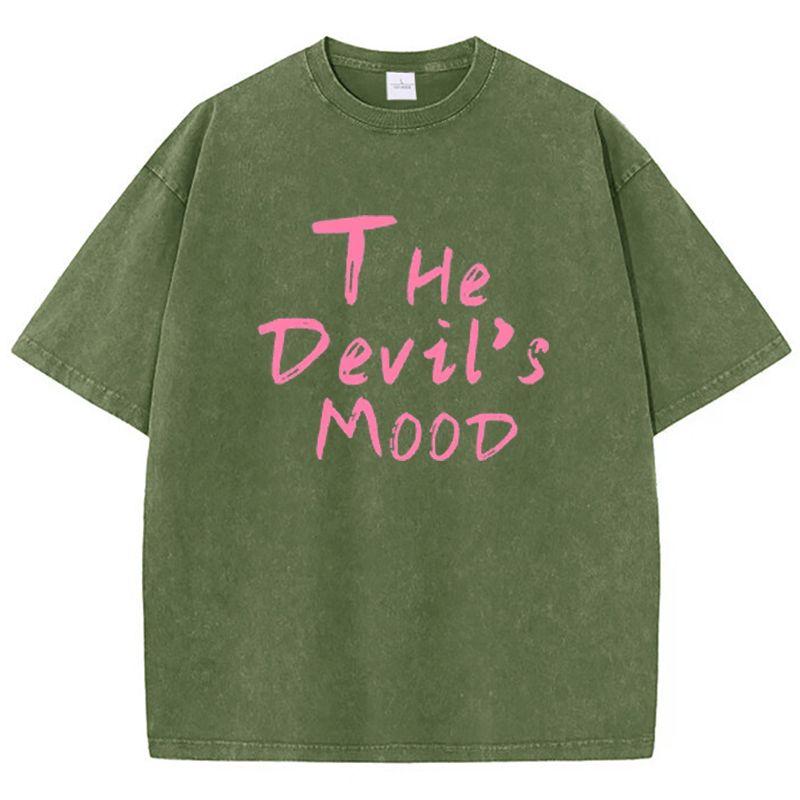 

Fashion Womans Cotton Washed Tshirts The Devils Moon Letter Prints Tops Casual ONeck Oversize Tees Street Female Clothes S
