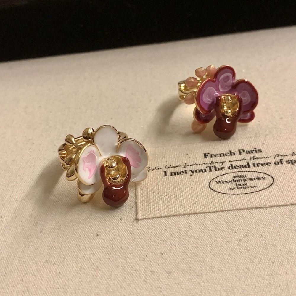 Butterfly Orchid Enamel Finger Ring Sweet French Irregular Ring Creative Drip Oil Flower Ring  Gift
