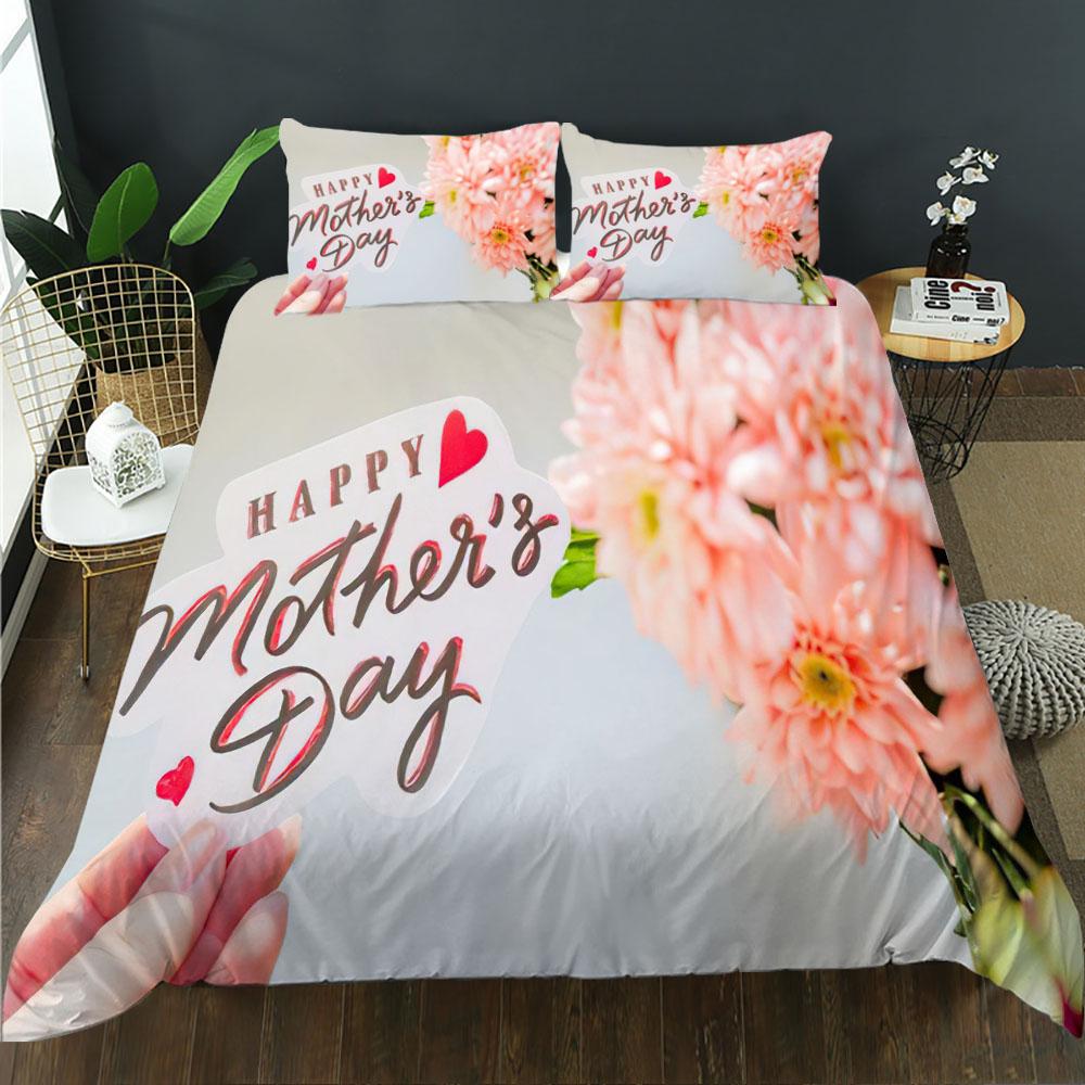 Mother's Day Duvet Cover Set Pink Rose Theme Thanksgiving Gift King Queen Size Polyester Comforter Cover For Mother Bedding Set