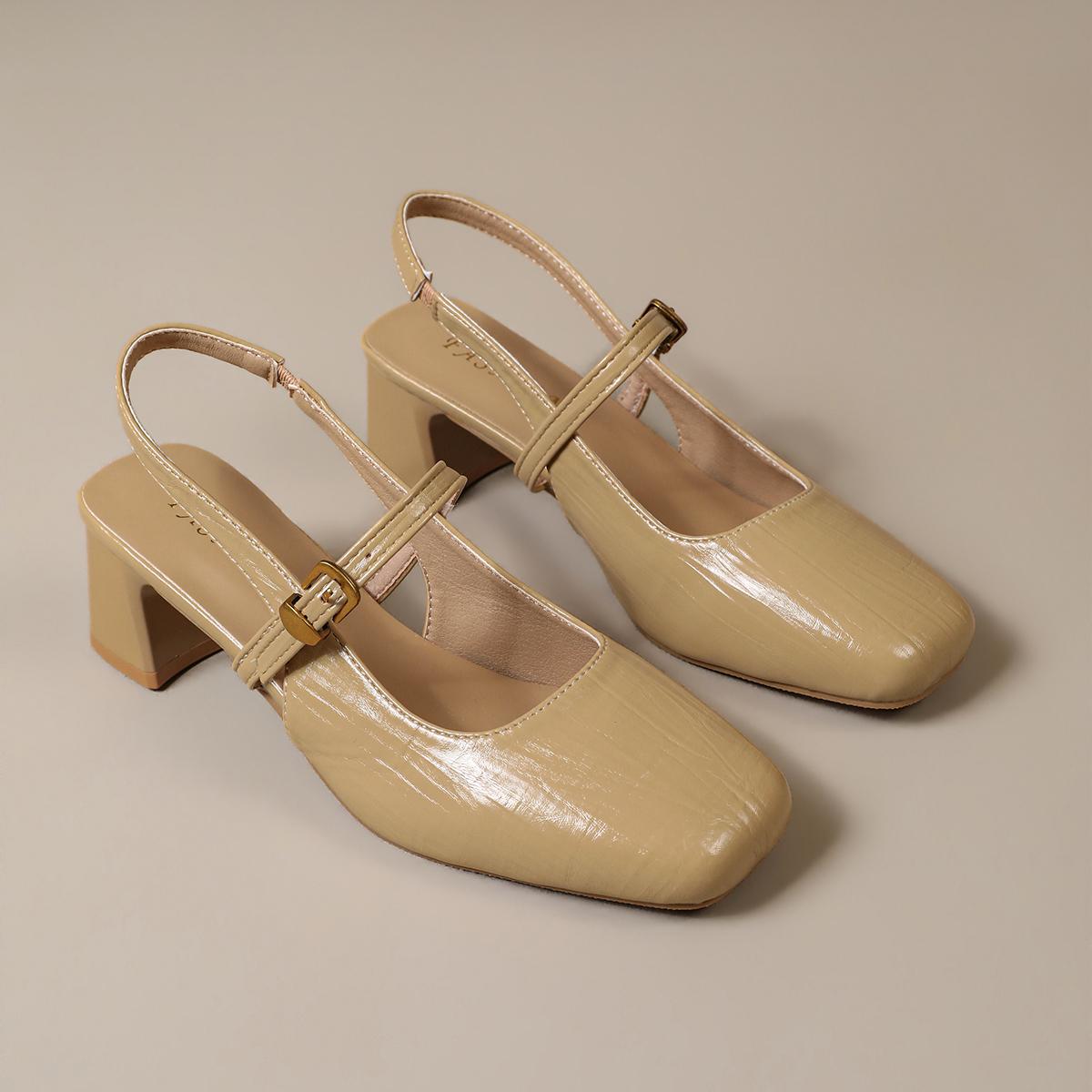 Summer Women Mary Jane Slingback Block Heel Sandals Square Toe Patent Leather Ankle Buckle Casual Office Party Dress Shoes 35