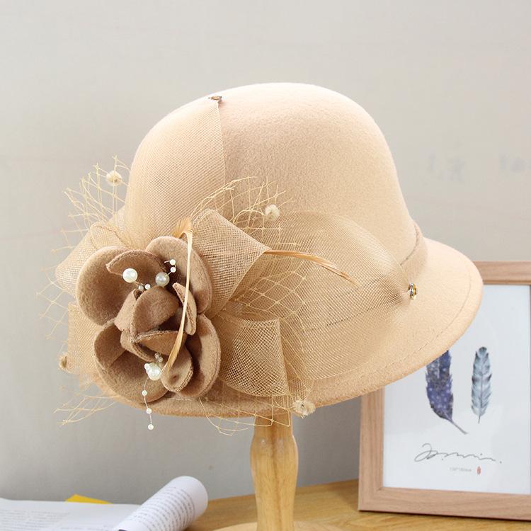 

Осенне-зимняя шерстяная шляпа-цилиндр, женская, в британском стиле, теплая шляпа-котелок, элегантная фетровая шляпа с цветком Adjustable