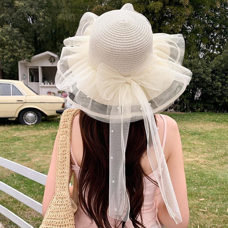 Summer Bow Sun Hat Female, Seaside Beach Vacation Sun Hat Outdoor Big Brim Sun Hat Sweet Straw Hat