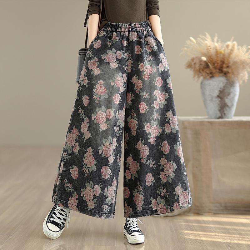 

DIMANAF 2025 Большой размер Осенние джинсы Новые длинные брюки Женские Свободные джинсовые брюки Большой размер Повседневные с цветочным принтом 2XL чёрный