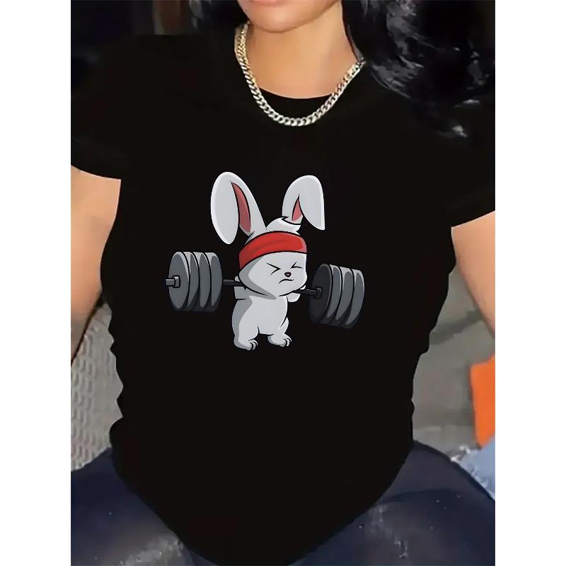 

European size Women S Funny Gym T-Shirt - Cute Bunny Weightlifting Graphic Tee, Lightweight Breathable Polyester Shirt for Workouts, 4XL