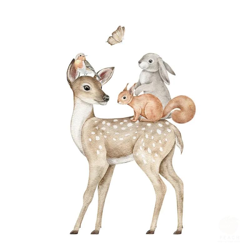 Cartoon Animal Sika Deer Fox Rabbit Room Background Decorative Wall Stickers Room Decoration