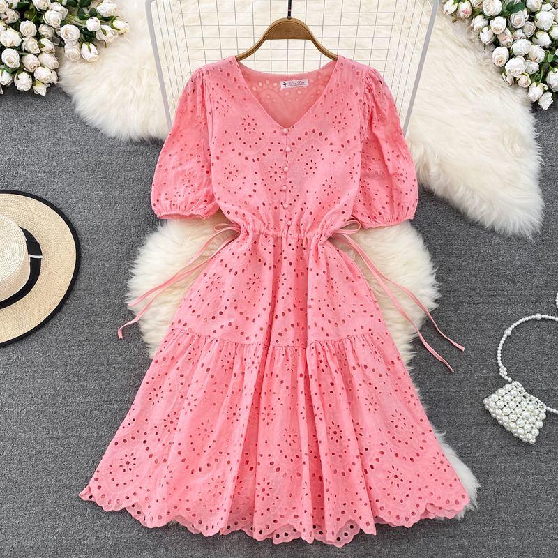 

Fresh Summer Bubble Slim Looking Dress Short Sleeve Pink All yards
