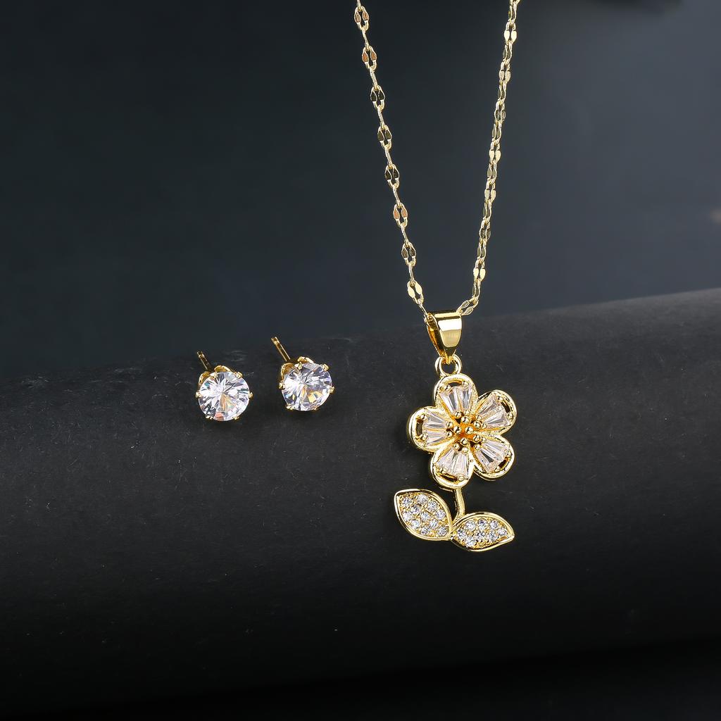 2pcs Sparkling Crystals Botanical Sunflower Necklace Earrings Zircon Set for Woman New Fashion Casual Party Zircon GirlGift
