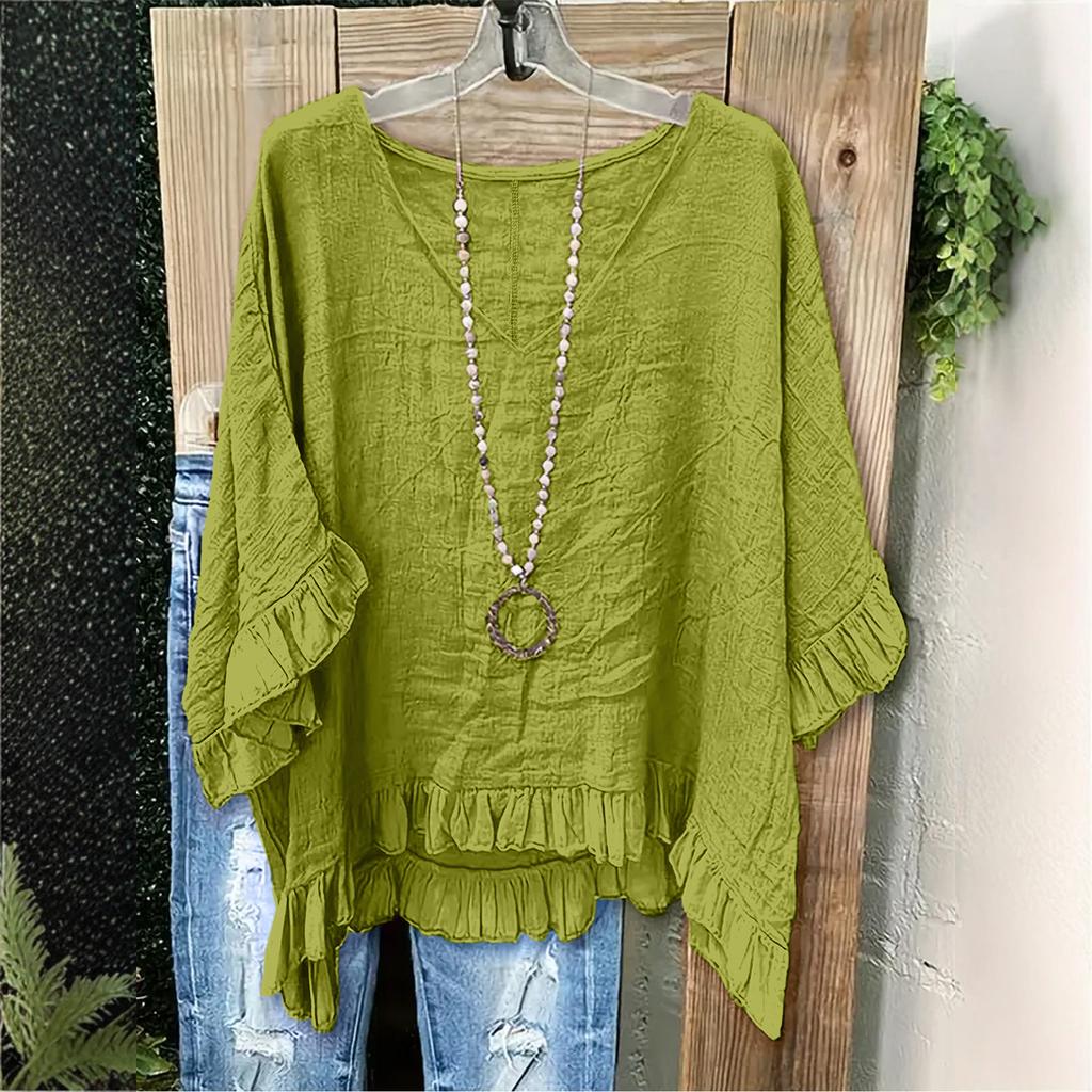 Blouse Casual pour Femme Coupe Ample à Volants, Col en V, Manches Courtes, Haut Léger au Style Détendu pour un Usage Quotidien