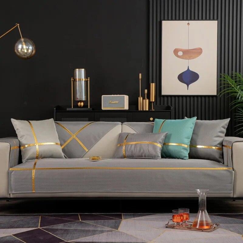 Sommer-Sofabezug aus Eisseide, goldener Rand, Sofakissenbezug für Wohnzimmer, atmungsaktiv, bequem, kühles Kissen, rutschfestes Sofakissen