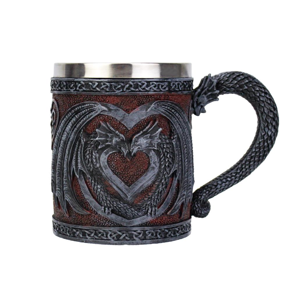 Medieval Double Dragon Wine Goblet Stainless Steel Beer Cup Drinking Vessel Double Dragon Heart Goblet/Mug Halloween Gift
