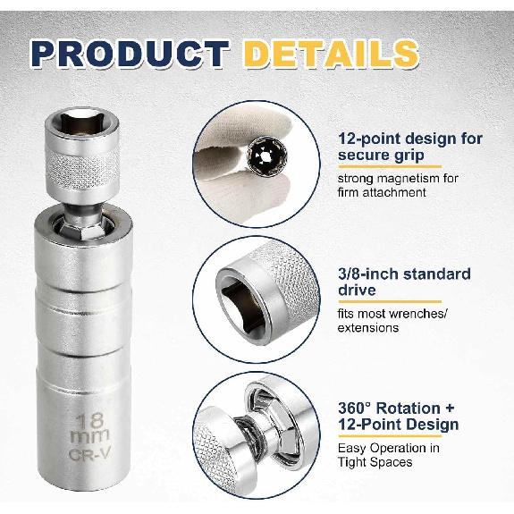 HARFINGTON 2pcs Spark Plug Socket Set 3/8" Drive 18mm Swivel Magnetic 12 Point Thin Wall Spark Plug Socket with 360 Degree Swivel CR-V Steel, Silver
