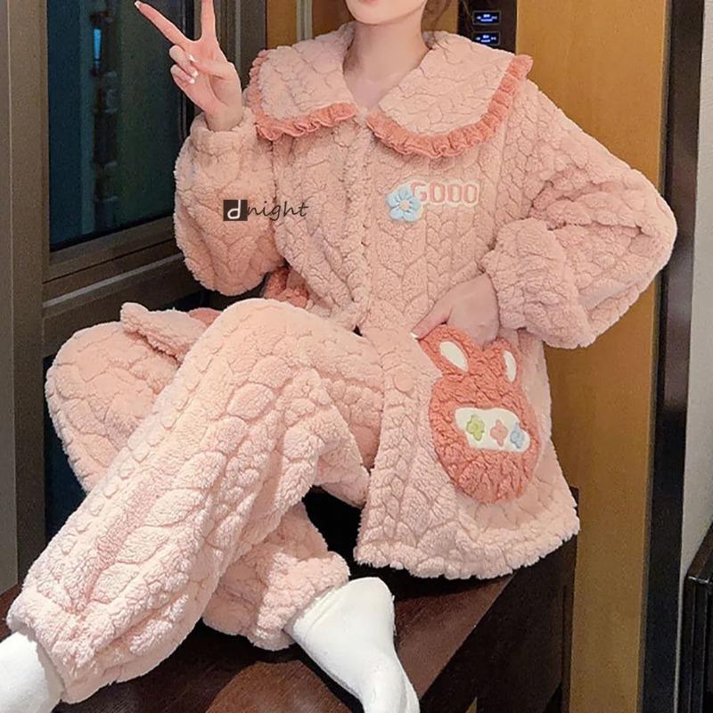 Winter Women's Warm Pajamas Set, Coral Velvet Pajamas, Flannel Thickened Cartoon Pajamas, Oversized Home Clothes, Oversized Pajamas