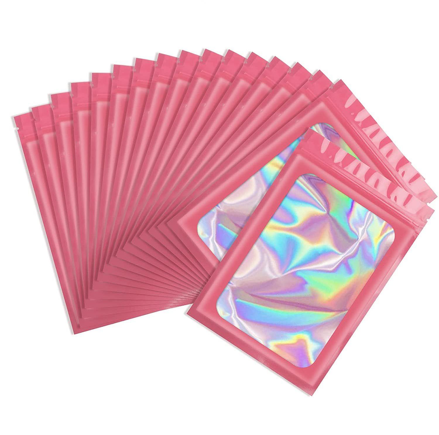 

Plastic Aluminum Foil Holographic Resealable Packaging Bags Sealing Bag Foil Pouch Smell Proof Bags pink-6*10