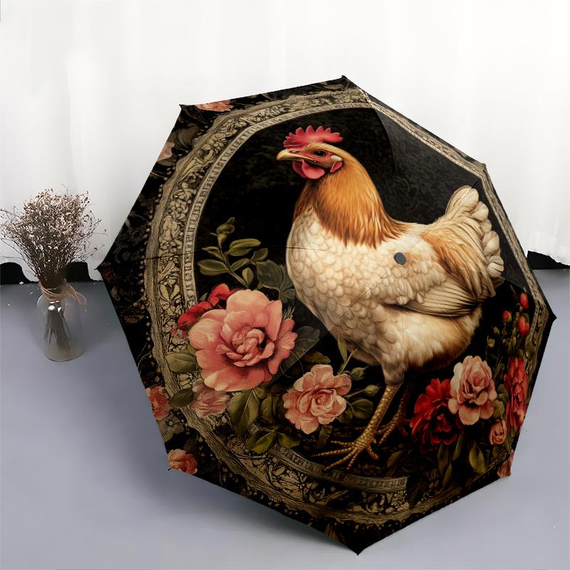 Rooster pattern, automatic folding umbrella, portable and foldable design, 8 ribs, a Christmas or birthday gift.