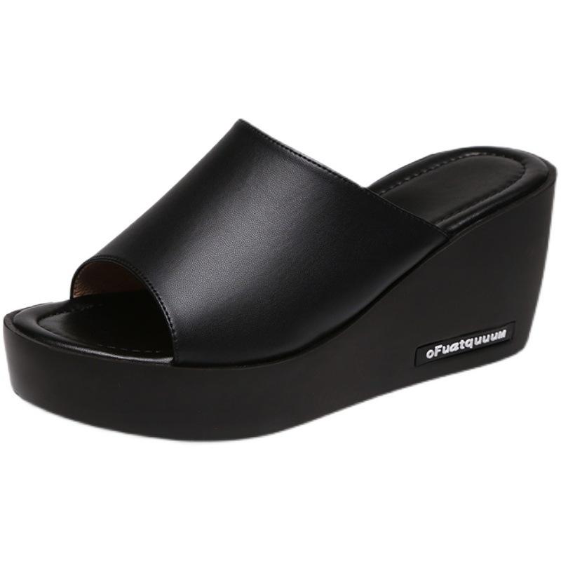 Women's Slippers, Women's Sponge Cake Heel, Thick Soled Slope Heel, Women's Black Cool Slippers, One Line Fish Mouth High Heels, Casual Women's Shoes