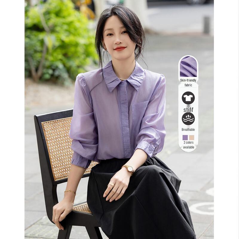 Demana Women s Silky Tencel Pleated Long-Sleeve Shirt M