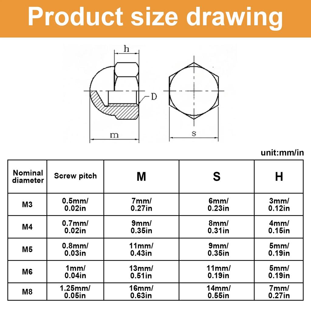 48Pcs Outer Hexagonal Round Head Nuts,304Stainless Steel Acorn Cap Nuts, Suitable For Automotive Tire Installation