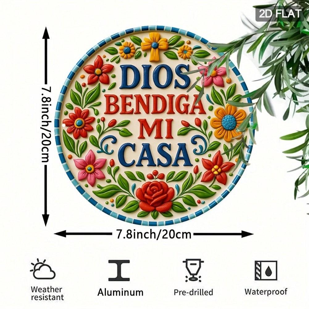 Испанская фраза «Да благословит меня Бог» Цветочный металлический настенный декор Круглая алюминиевая табличка Декор для дома и кафе 20x20