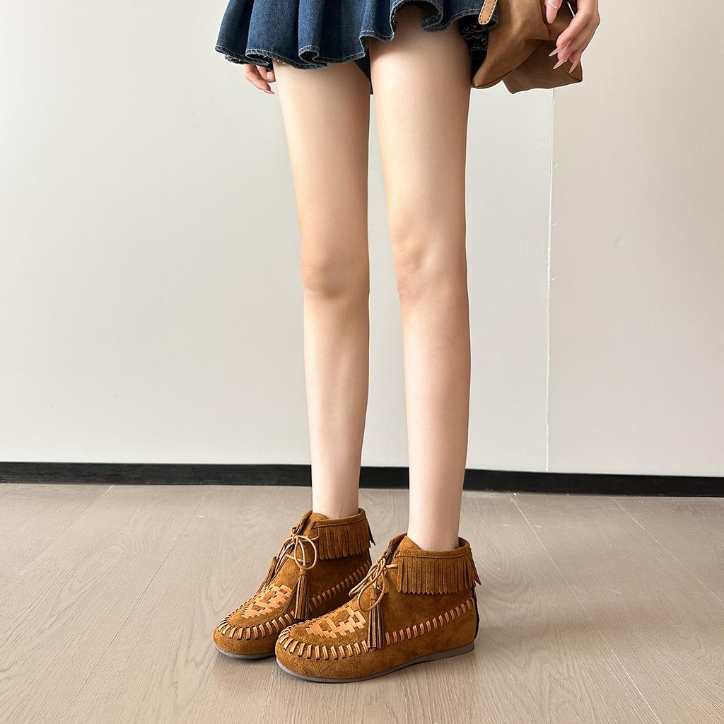 High-end Autumn and Winter New Martin Boots Round Head Retro Flat Bottom Strap Low Tube Versatile Breathable Soft Bottom Fringed Boots