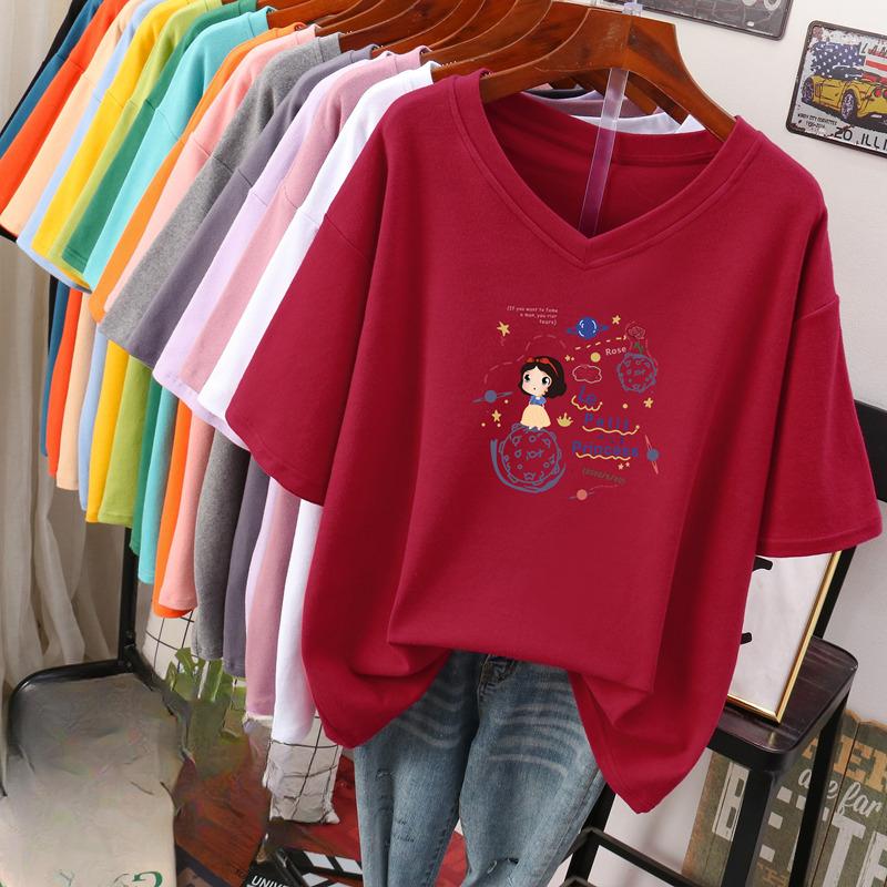 Kortärmad T-shirt för kvinnor, Stor storlek, Lös och smickrande, Tryckt V-ringad topp