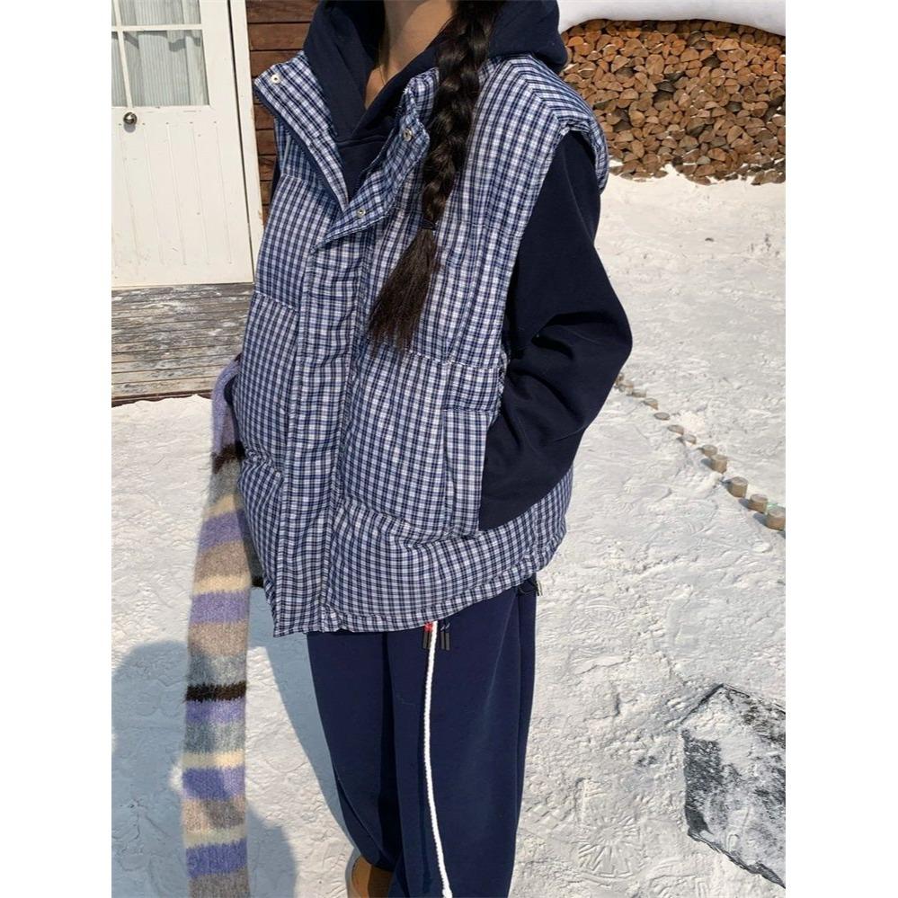 Stand Collar Plaid Sleeveless Cotton Vest Jacket for Women Autumn and Winter New Style Layered Casual Loose Vest