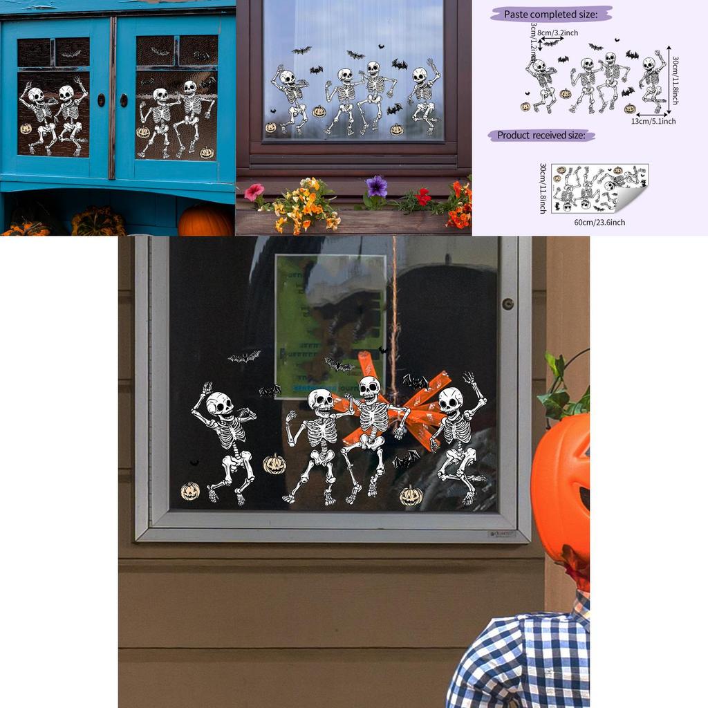 Halloween Uv Static Cling Bat Skeleton Wall Art Pvc Decorative Sticker For Home And Business