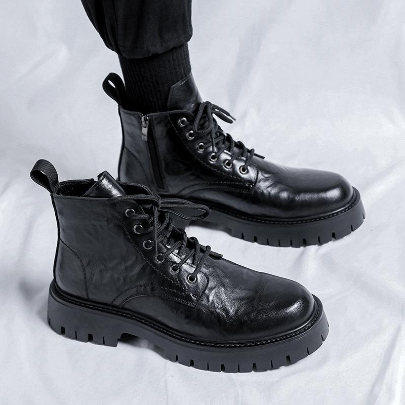 Martin Boots Men's New Casual British Style Trend Versatile Thick-soled Medium-top Black Locomotive Boots 6575-R