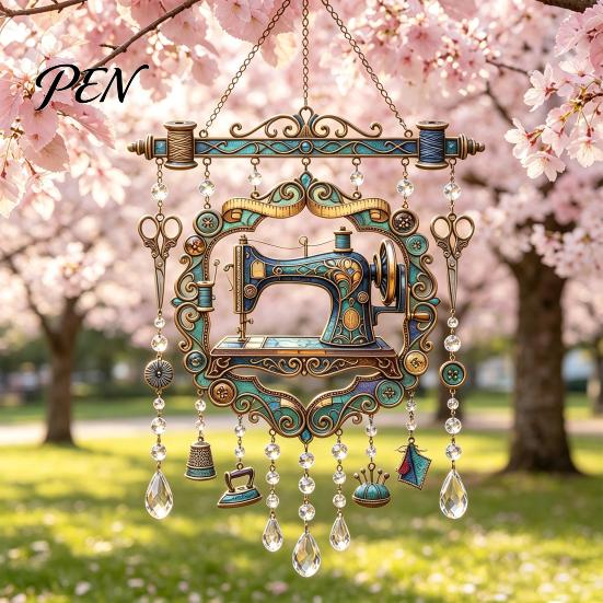 Vintage Style Artistic Ornament Sewing Machine Crystal Wind Chime, Acrylic Outdoor Hanging Suncatcher, for Enthusiasts Colorful Pendants Garden