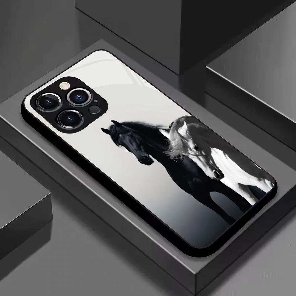 Horse Pattern Tempered Glass Phone Case Suitable for iPhone 17 16 15 14 13 12 11Pro/Max/Plus Anti Drop and Shockproof Back Cover