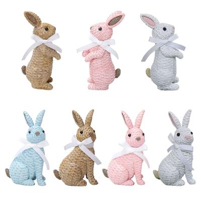 Figurine Lapin de Pâques Résine Rotin Tressé Statue Lapin Artisanat Décoratif Accessoire pour Intérieur Extérieur Jardin Cour Décor